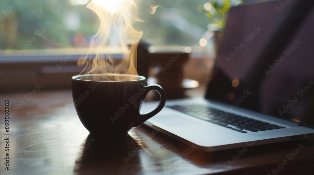 Poster A steaming cup of black coffee placed next to an open laptop on a desk, representing productivity and work ambiance