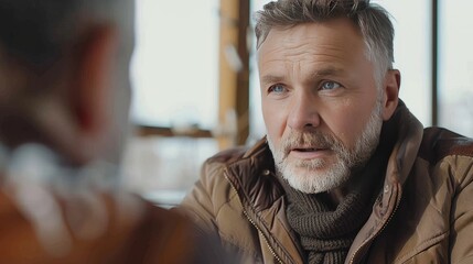 Obraz premium A man with a beard and gray hair is talking to another man. The man on the left is wearing a brown jacket and scarf