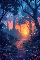 Enchanted Forest Path at Sunset