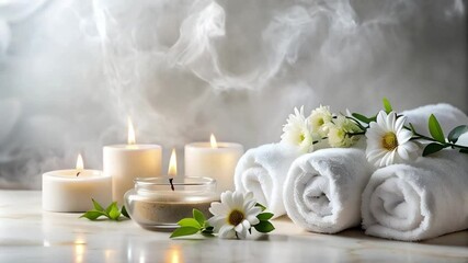 luxurious spa background with candles, rolled towels, and flowers on smoke backgorund, relaxation and wellness concept for spa retreats and beauty salons
