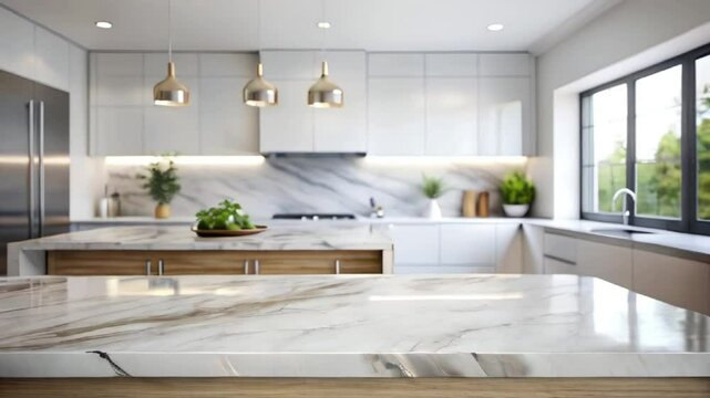  White glossy table top on blur kitchen counter room background, slow moving video.