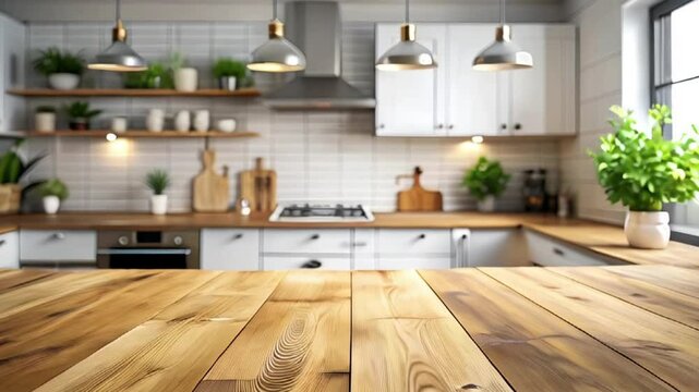  Wood Table top on blur Kitchen counter room background. slow moving video.