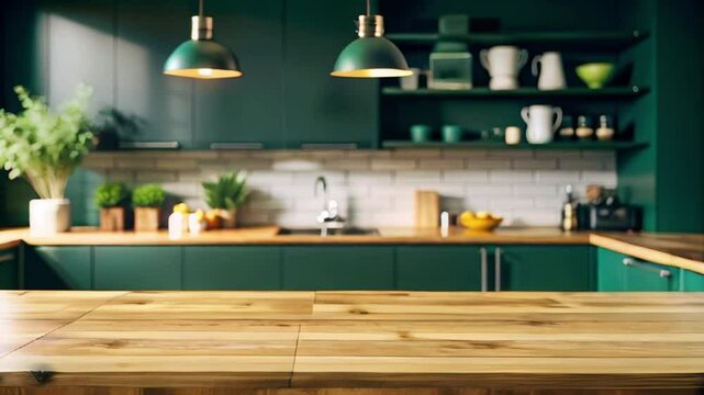  Wood Table top on blur Kitchen counter room background. slow moving video.