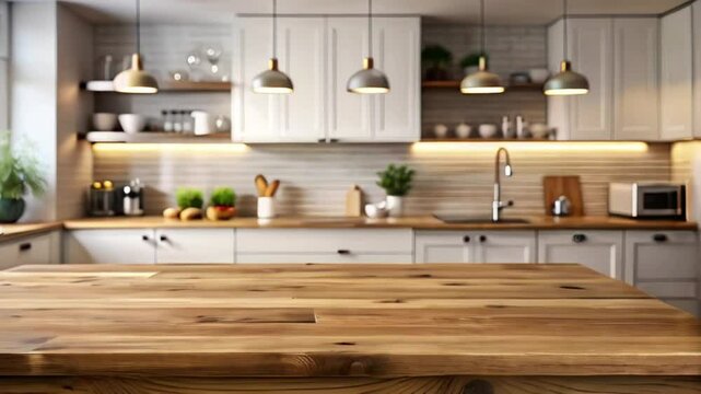  Wood Table top on blur Kitchen counter room background. slow moving video.