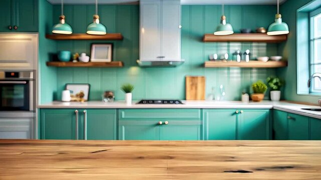  Wood Table top on blur Kitchen counter room background. slow moving video.
