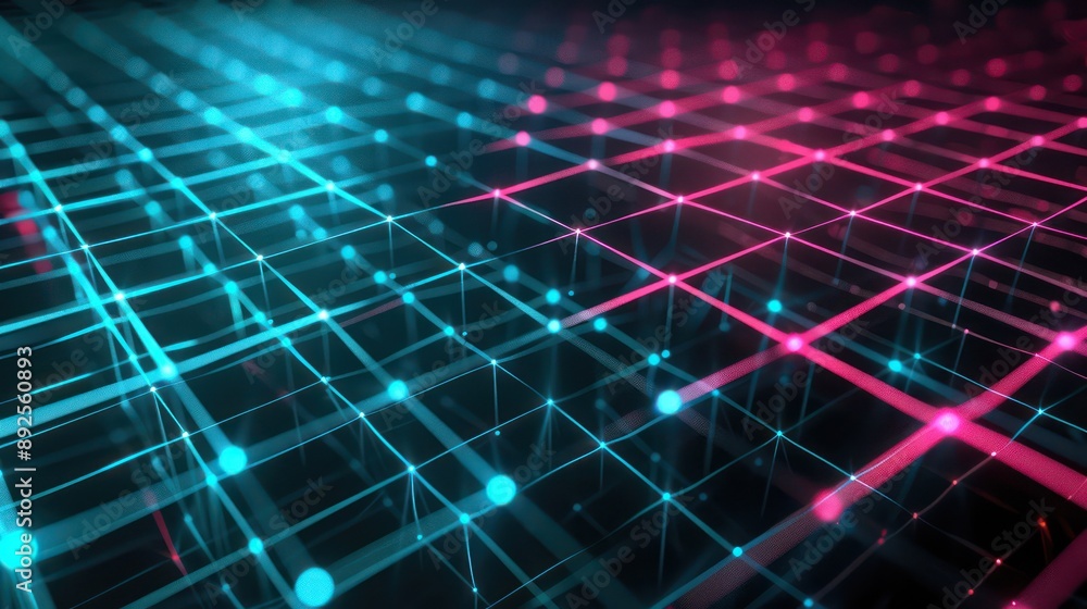 Fototapete Glowing lattice of cyan and magenta lines on a matte black canvas, suitable for modern and vibrant text placement