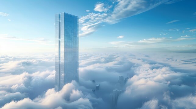 Modern skyscraper shaped like number 9 above cloud sea, against clear blue sky in realistic photo