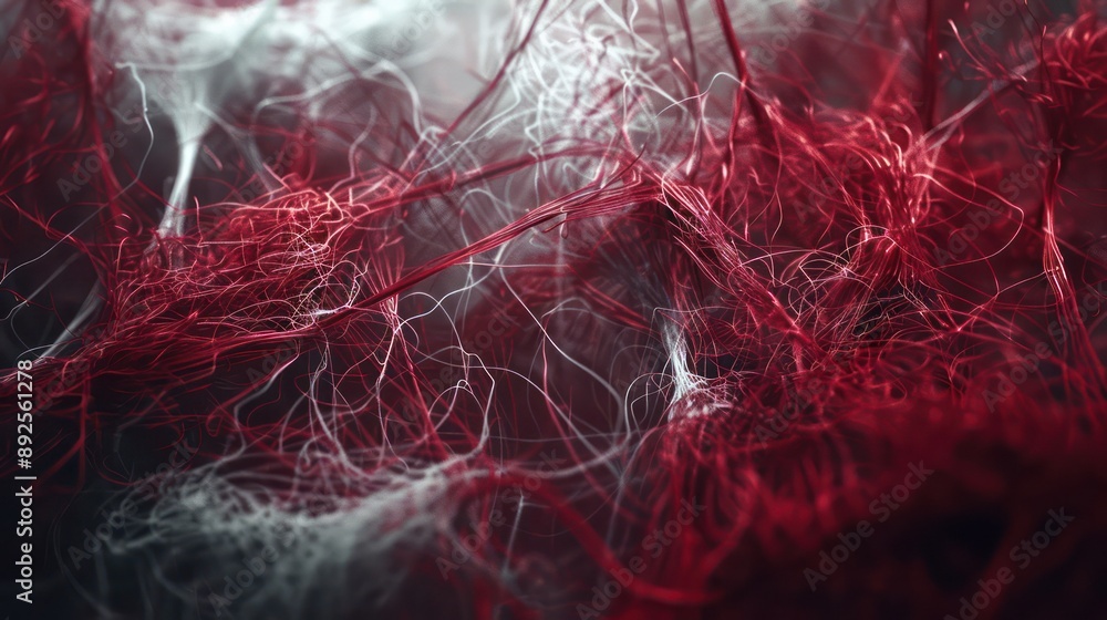 Fototapete intricate mesh of ruby red and icy white fibers sprawling across a shadowy backdrop, designed for hi
