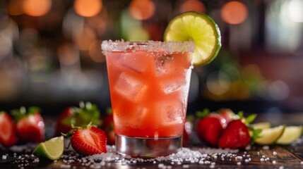 Fototapeta premium A strawberry margarita cocktail with salt rim and fresh lime garnish