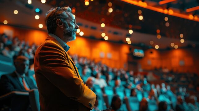 A man stands in a large auditorium, looking out at an audience.  He is a speaker at a conference.