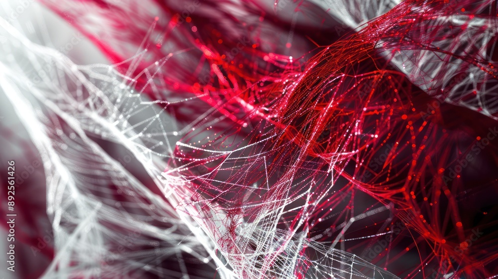 Poster intricate mesh of ruby red and icy white fibers sprawling across a shadowy backdrop, designed for hi