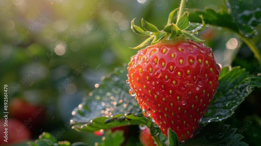 Poster fresh strawberry in dewy garden