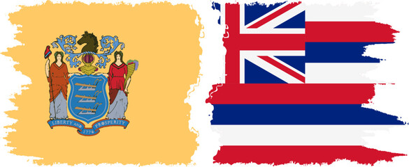 Hawaii and New Jersey states grunge brush flags connection, vector