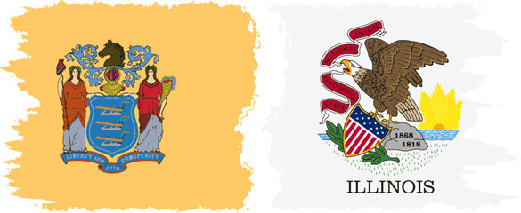 Illinois and New Jersey states grunge brush flags connection, vector