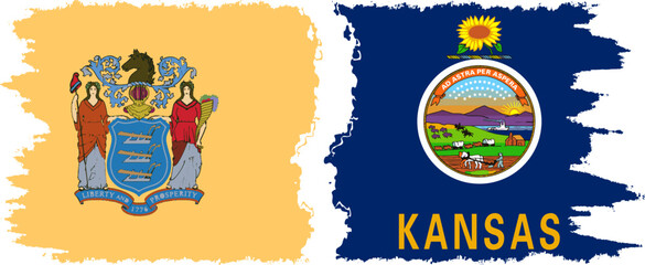 Kansas and New Jersey states grunge brush flags connection, vector