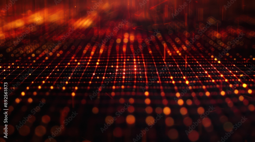 Fototapete Luminous grid of crimson and amber threads on a jet-black canvas, designed for eye-catching and dynamic text placement