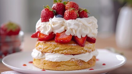 A strawberry shortcake with layers of sponge, whipped cream, and fresh berries
