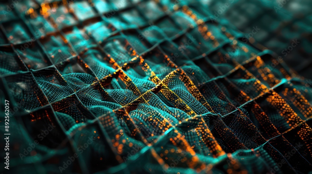 Poster luminous lattice of turquoise and amber threads on a dark canvas, creating a mesmerizing effect suit