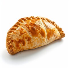 A freshly baked Cornish pasty sits on a white background