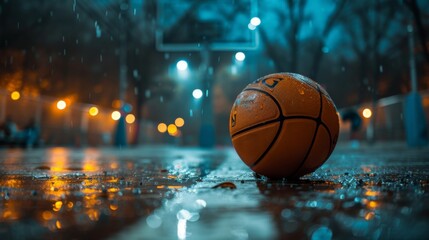 Obraz premium Basketball on a rainy outdoor court at night