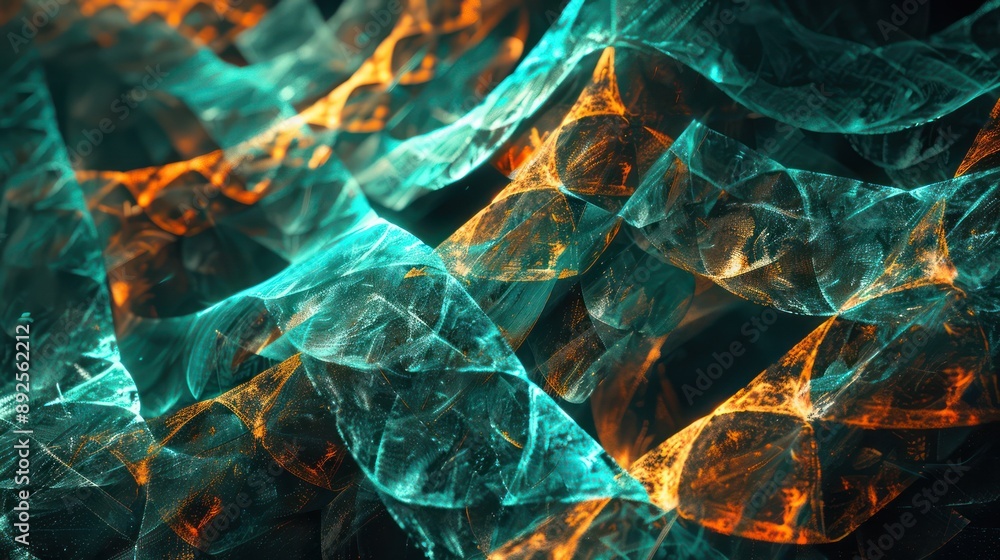 Fototapete Luminous lattice of turquoise and amber threads on a dark canvas, creating a mesmerizing effect suitable for sophisticated text