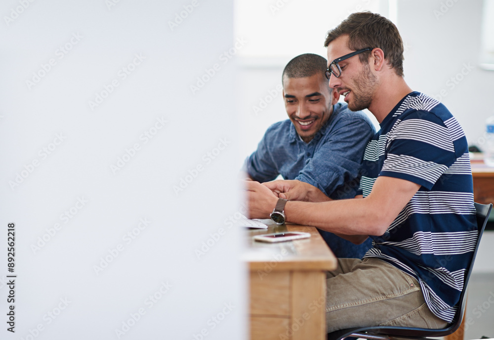 Poster men, people and happy in office with conversation or discussion for project as graphic designer. bus