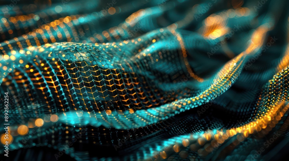 Fototapete luminous lattice of turquoise and amber threads on a dark canvas, creating a mesmerizing effect suit