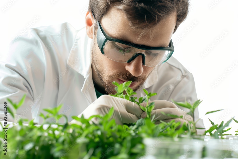 Poster researcher analyzing green plants in a transparent container isolated on white background