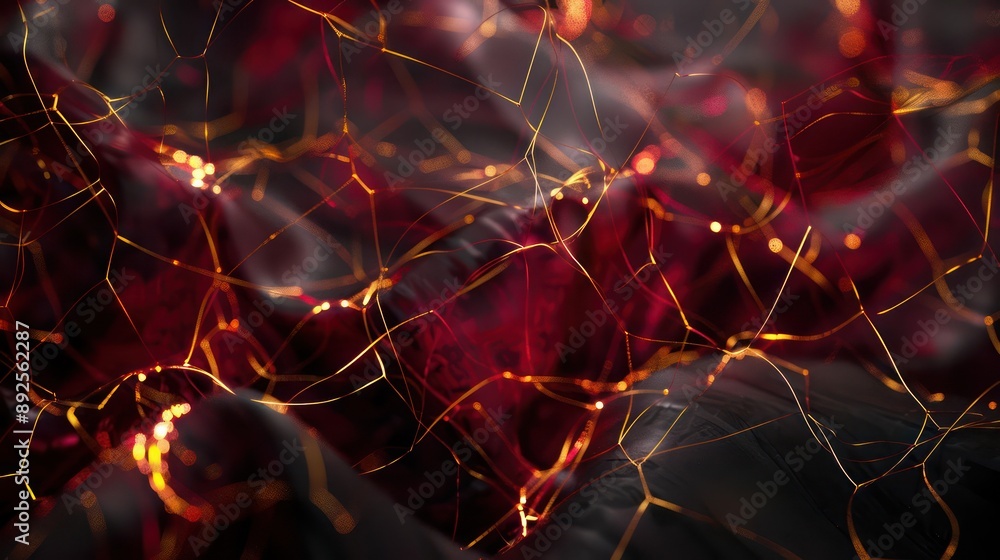 Fototapete Luminous network of crimson and gold threads weaving through a dark grey canvas, ideal for elegant and striking text displays