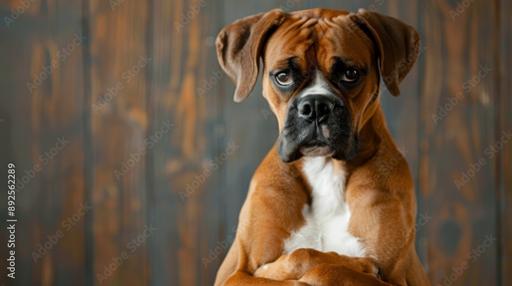 Poster a strong-willed boxer dog ignoring commands, standing defiantly with crossed arms