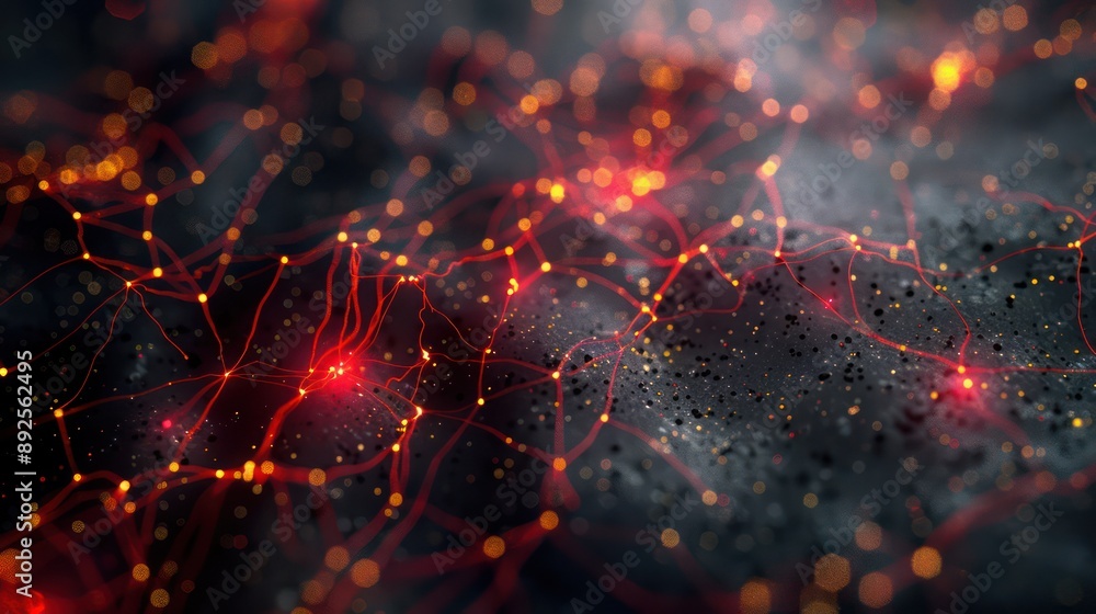Poster luminous network of crimson and gold threads weaving through a dark grey canvas, ideal for elegant a