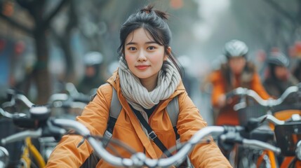 Obraz premium Young Woman Biking in Urban Setting; young woman