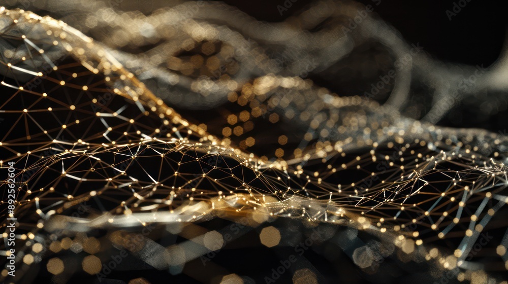 Fototapete Luminous network of gold and silver threads, weaving through a black canvas, creating a luxurious space for sophisticated text