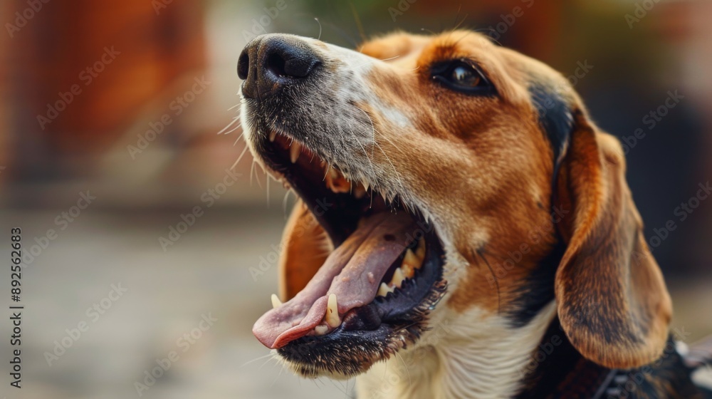 Poster a stubborn beagle howling loudly, demanding attention from its owner