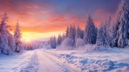 Road through snow-covered forest at sunrise, colorful sky, and frosty atmosphere