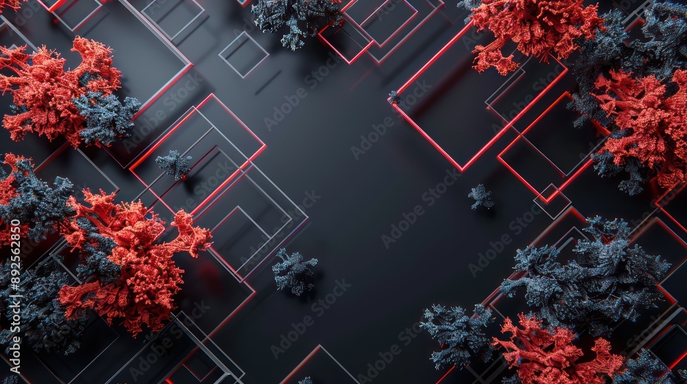 Fototapete neon coral and dark grey plexus forming a sleek and modern matrix on a black background, perfect for