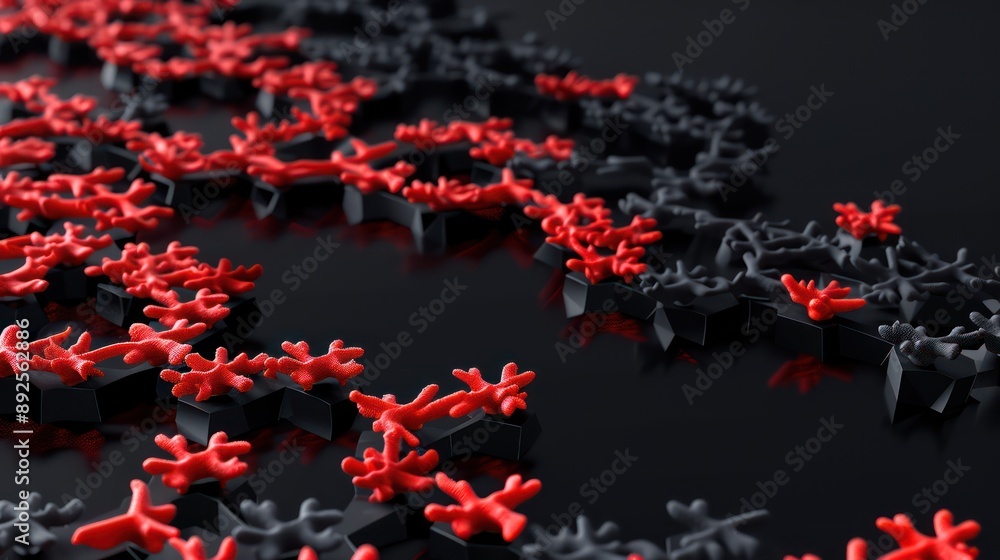 Fototapete Neon coral and dark grey plexus forming a sleek and modern matrix on a black background, perfect for text integration