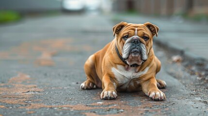 Fototapeta premium A stubborn bulldog refusing to walk, sitting stubbornly on a sidewalk during a walk