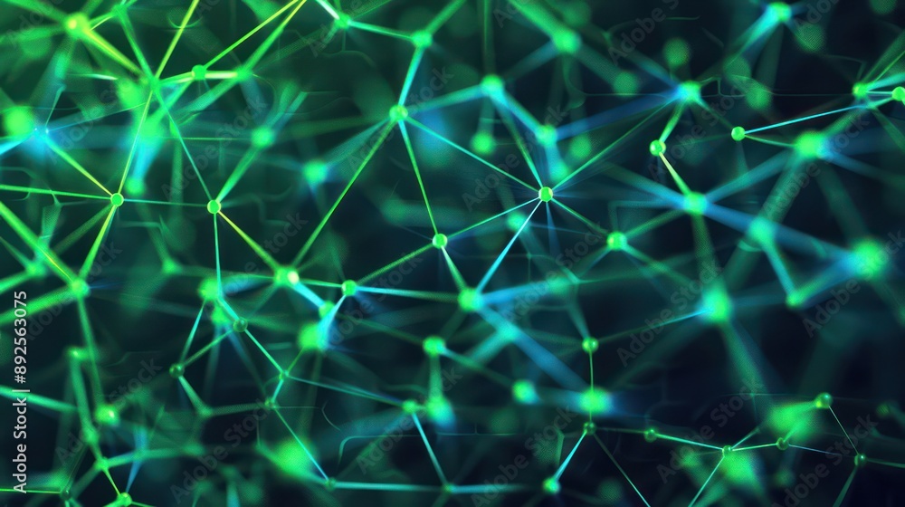 Fototapete neon green and deep blue plexus pattern, forming a high-tech web on a dark grey background, ideal fo