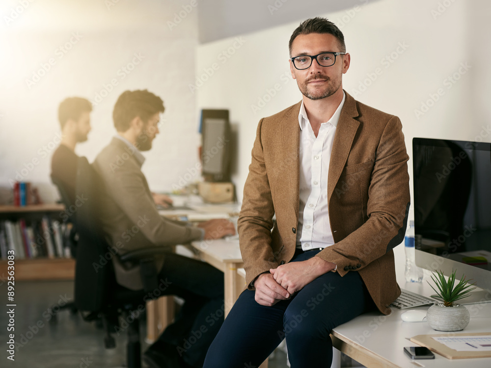 Poster creative, man and portrait or relax on table in office for work or career in project management by a