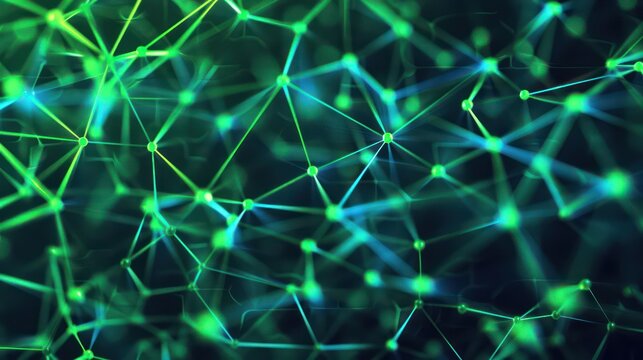 Neon green and deep blue plexus pattern, forming a high-tech web on a dark grey background, ideal for clear text overlays
