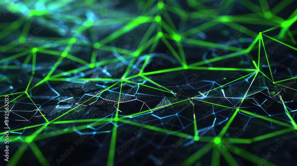 Fototapete Neon green and deep blue plexus pattern, forming a high-tech web on a dark grey background, ideal for clear text overlays