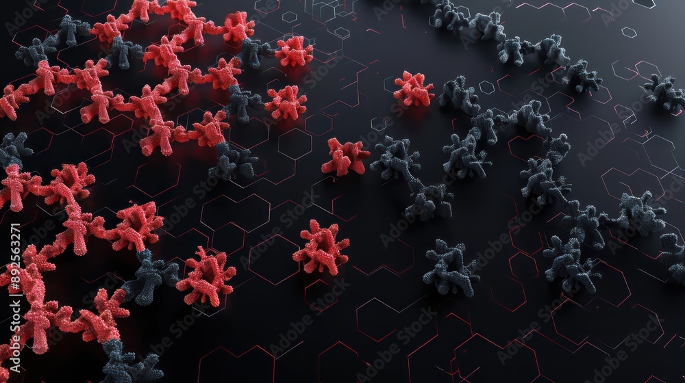 Fototapete Neon coral and dark grey plexus forming a sleek and modern matrix on a black background, perfect for text integration