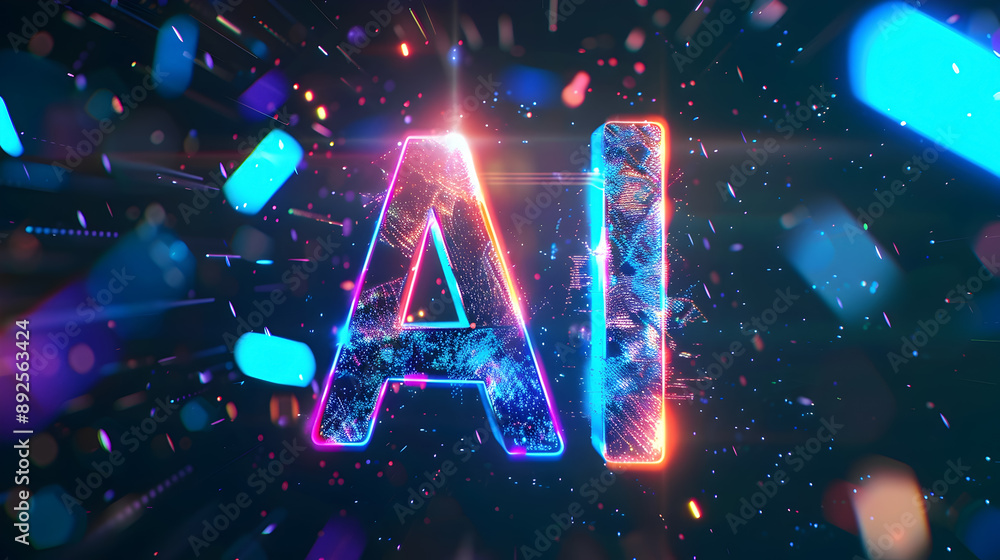 Poster glowing text with multicolored neon lights surrounded by abstract futuristic elements the dark backg