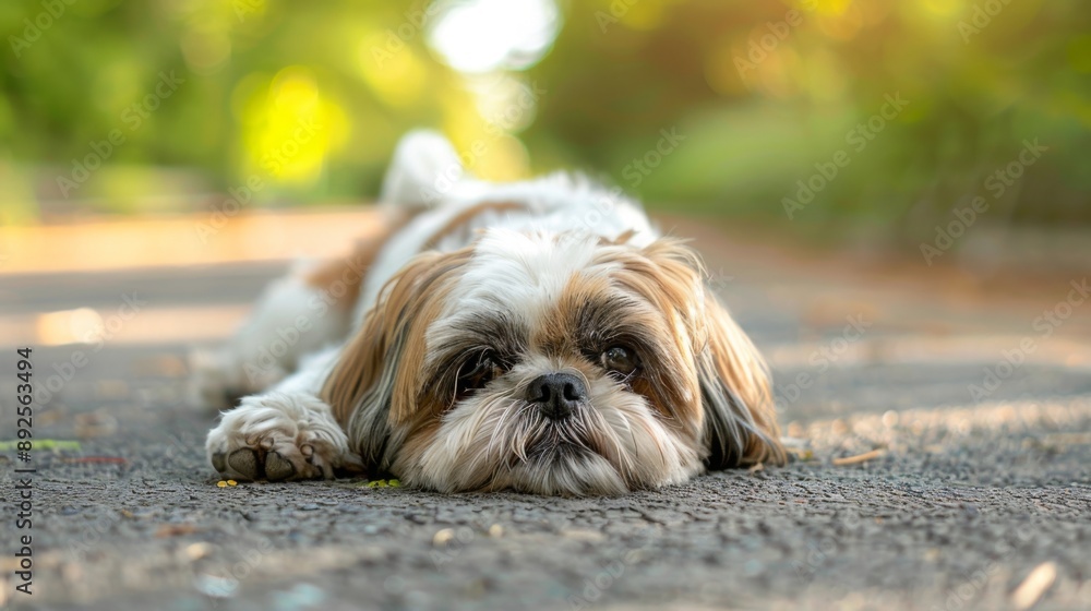 Poster A stubborn shih tzu puppy refusing to move, lying down in the middle of a park path