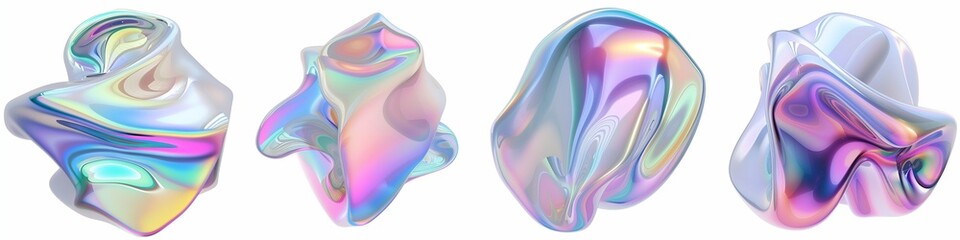 4 iridescent holographic shapes isolated on a white background, in a 3d illustration style