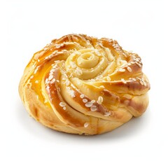 Golden brown Danish pastry with white swirl topping ready to eat