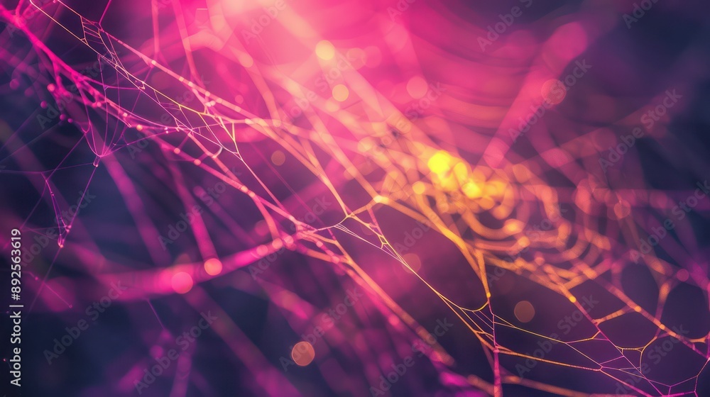 Fototapete Radiant web of soft pink and bright yellow threads against a dark background, offering a playful and inviting space for text