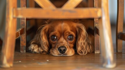 A stubborn spaniel refusing to take a bath, hiding under a table to avoid water