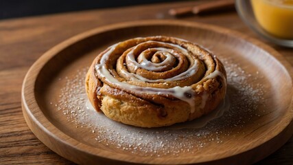 Fototapeta premium cinnamon roll cookie served aesthetically in a wooden plate and table
